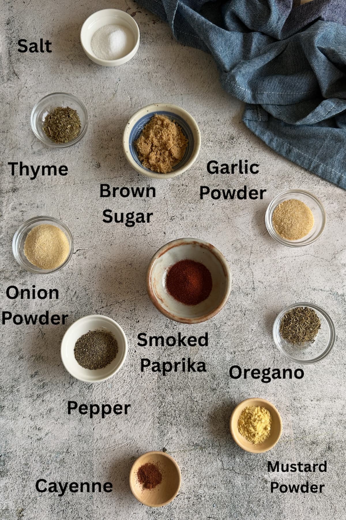 ingredients for meatloaf seasoning - brown sugar, onion powder, garlic powder, salt, pepper, thyme, oregano, smoked paprika, mustard powder, cayenne
