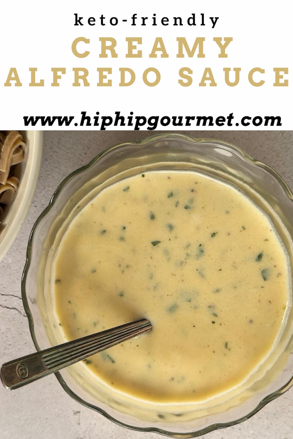 low carb alfredo sauce in a bowl with chopped fresh parsley mixed in. Spoon in the bowl.