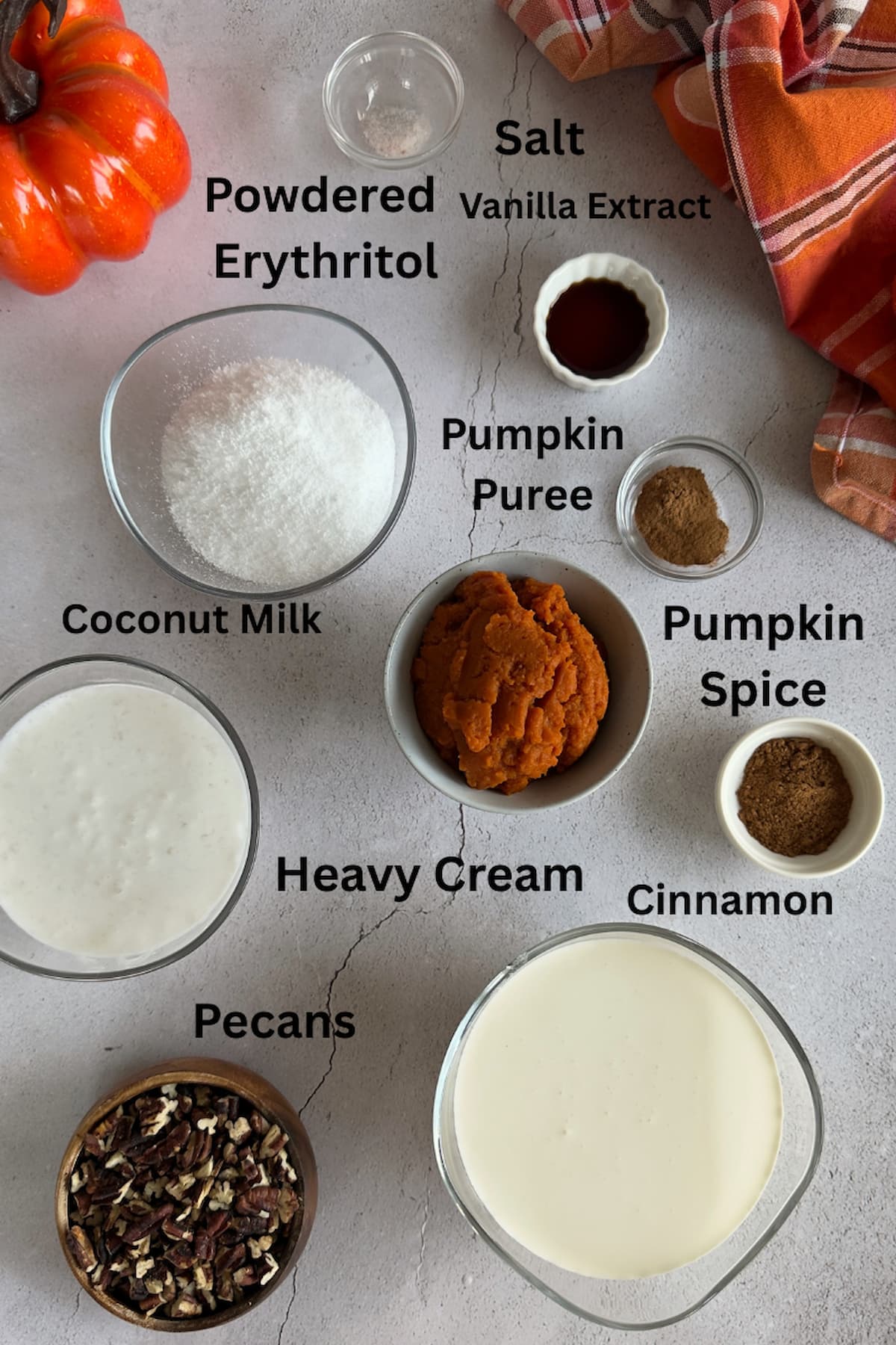 ingredients for pumpkin spice ice cream laid out in separate bowls - powdered erythritol, salt, vanilla extract, pumpkin puree, coconut milk, heavy cream, pecans, pumpkin spice, cinnamon.