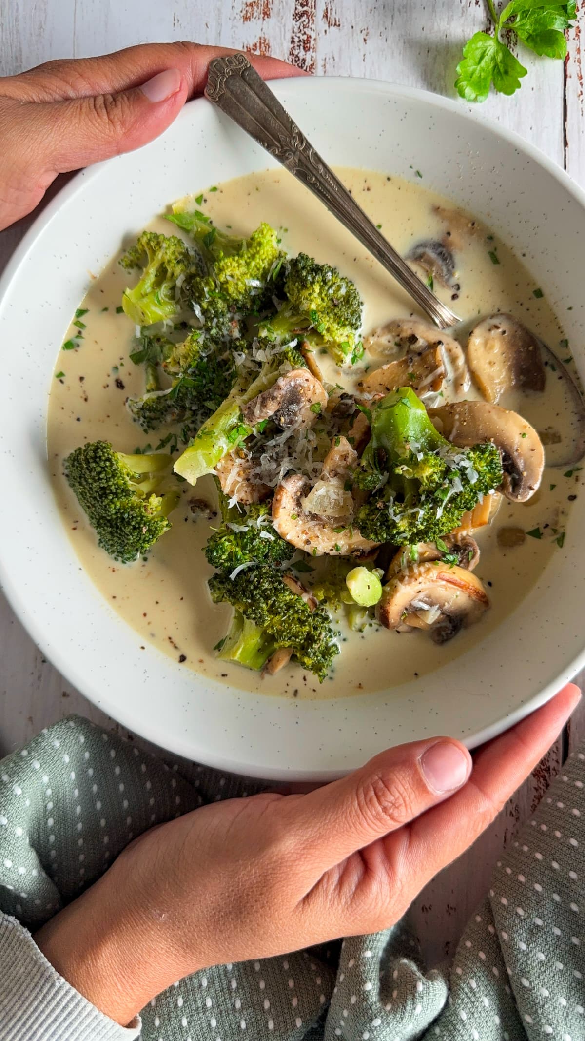 hands holding a bowl of creamy broccoli mushroom soup seasoned with fresh cracked black pepper. spoon in the bowl.