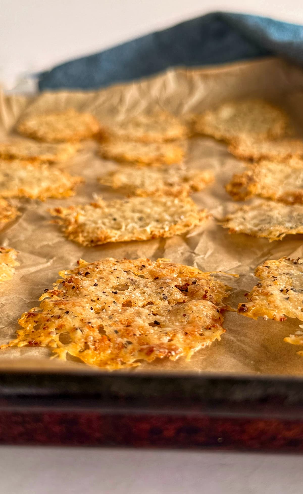 parmesan crisps spread out on a parchment lined baking sheet.