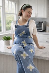 Girl in flowered overalls smiling on a kitchen island with her eyes closed.