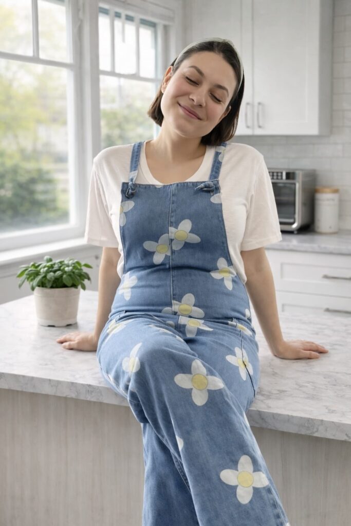 Woman sitting on a kitchen island next to a basil plant smiling with her eyes closed.
