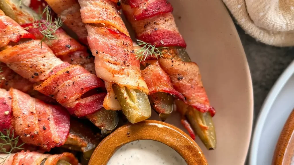 bacon wrapped dill pickles topped with fresh dill stacked on a plate next to a creamy white sauce in a small ramekin.