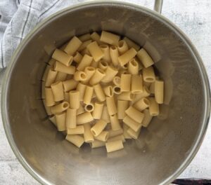 rigatoni pasta in a silver pot.