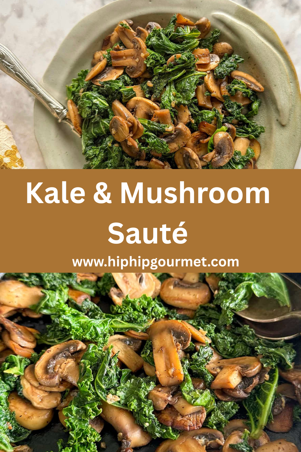 split image of sauteed kale and mushrooms on a plate with a spoon, and one of a close up of sauteed kale and mushrooms.