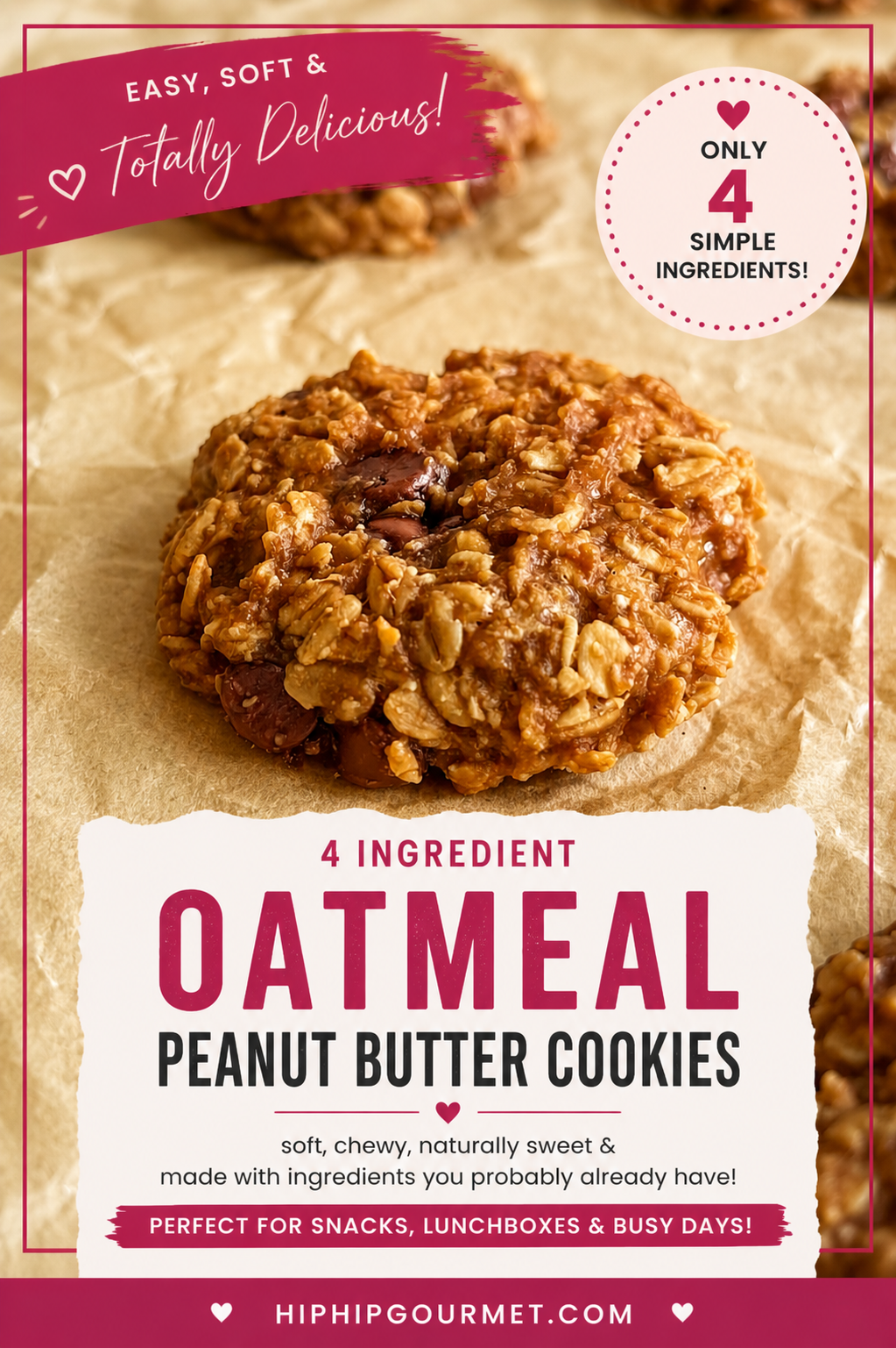 close up of an oatmeal chocolate chip cookie on a piece of parchment paper with more cookies in the background.