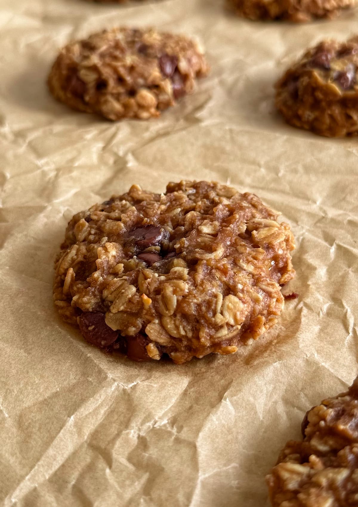 banana oatmeal cookies with chocolate chips on a piece of parchment paper.
