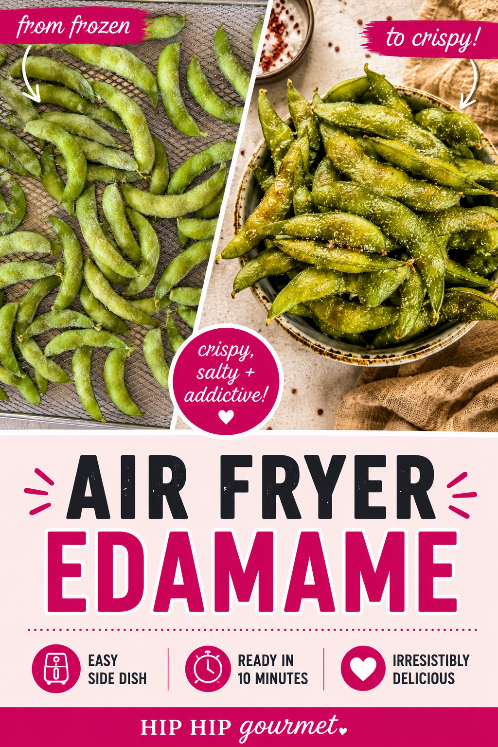 frozen salted edamame spread out on an air fryer tray next to a bowl of seasoned edamame.