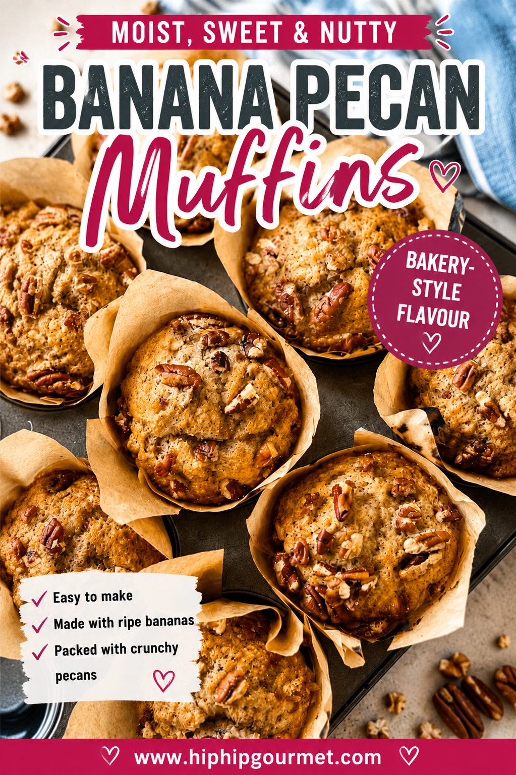 freshly baked banana pecan muffins in tulip style parchment baking liners in a dark muffin tin.