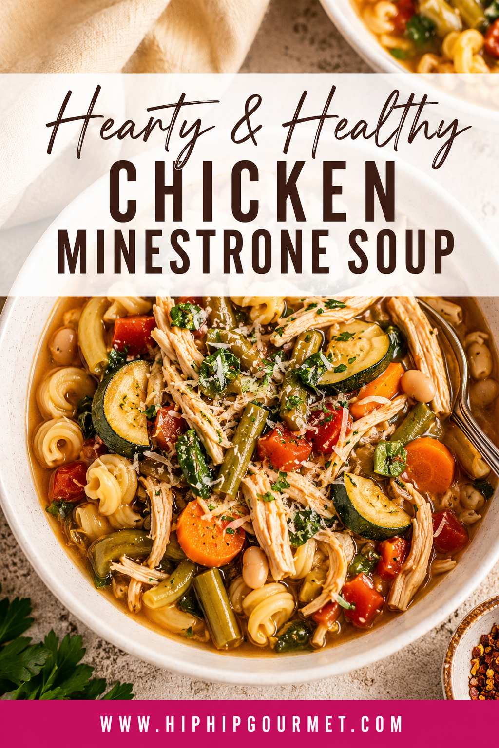 large bowl of chicken minestrone soup loaded with veggies, shredded chicken, pasta, and parmesan cheese.