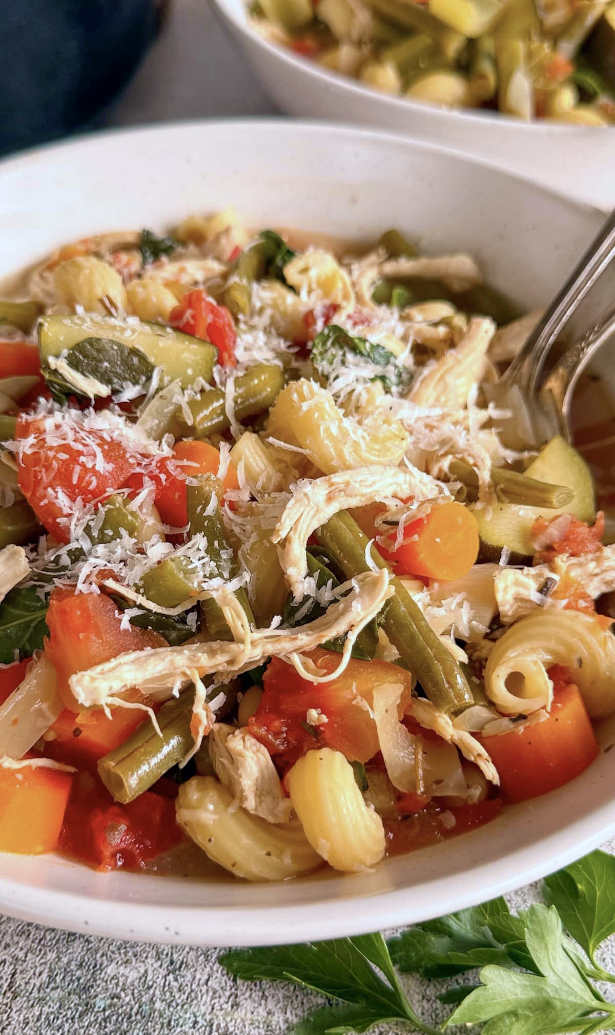 side view of a bowl of chicken minestrone soup loaded with chopped veggies, beans, pasta, and parmesan cheese.