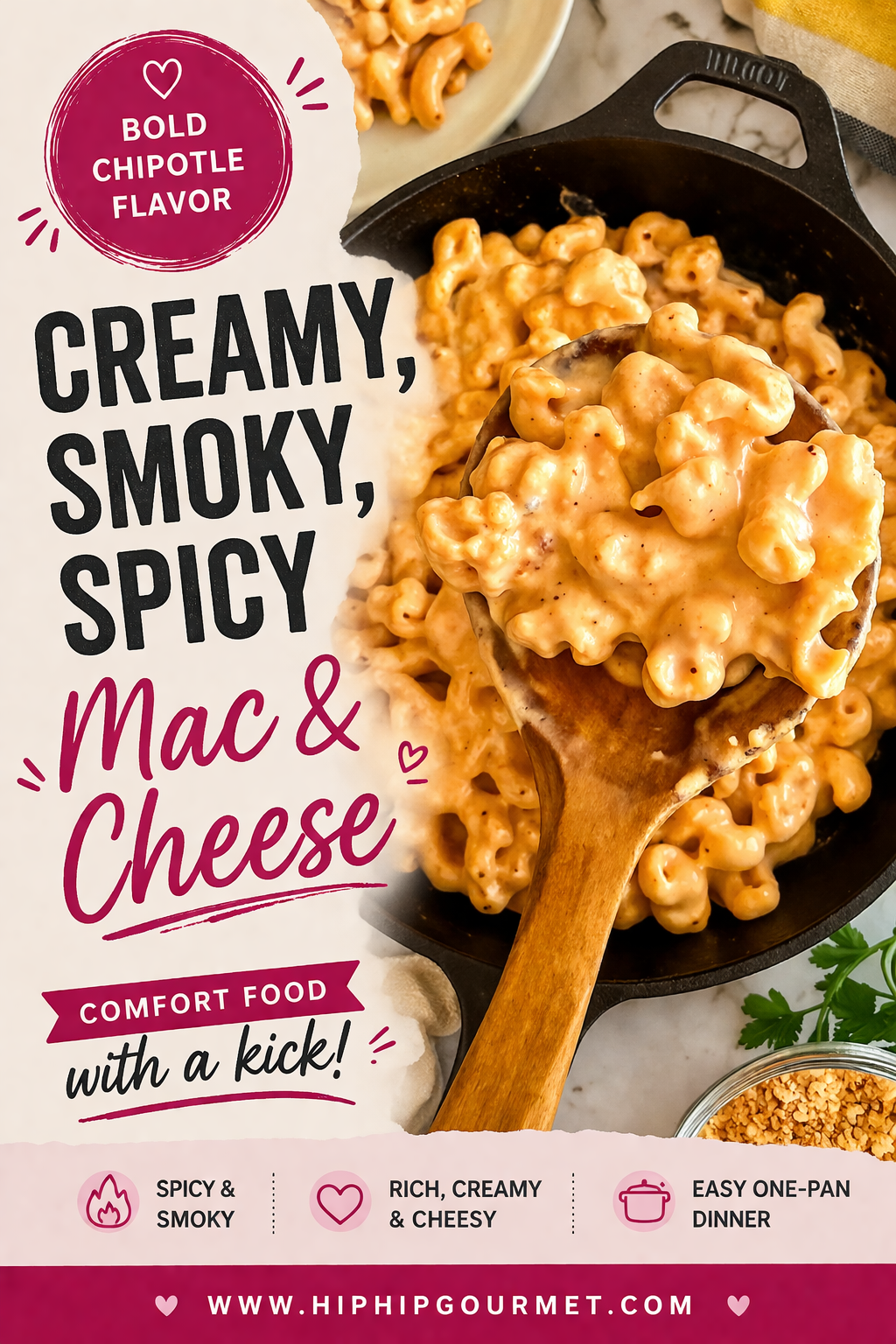 creamy chipotle mac and cheese in a cast iron skillet with a wooden spoon.