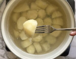 hand holding a fork with a potato on it over a pot with more chunks of potato in water.