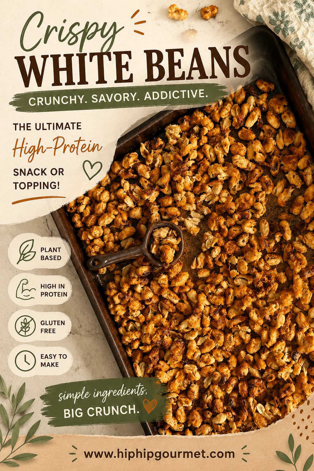 sheet pan with crispy white beans and a spoon.