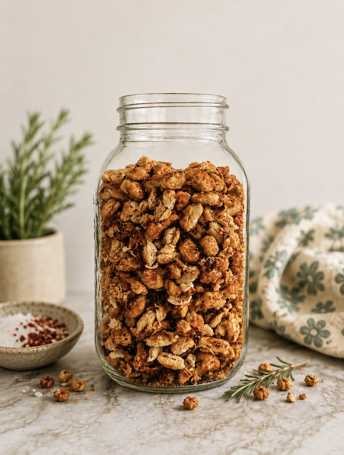 jar of crispy white beans, spices in the front, rosemary in a planter in the background.