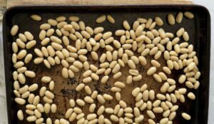 uncooked white beans on a tray.