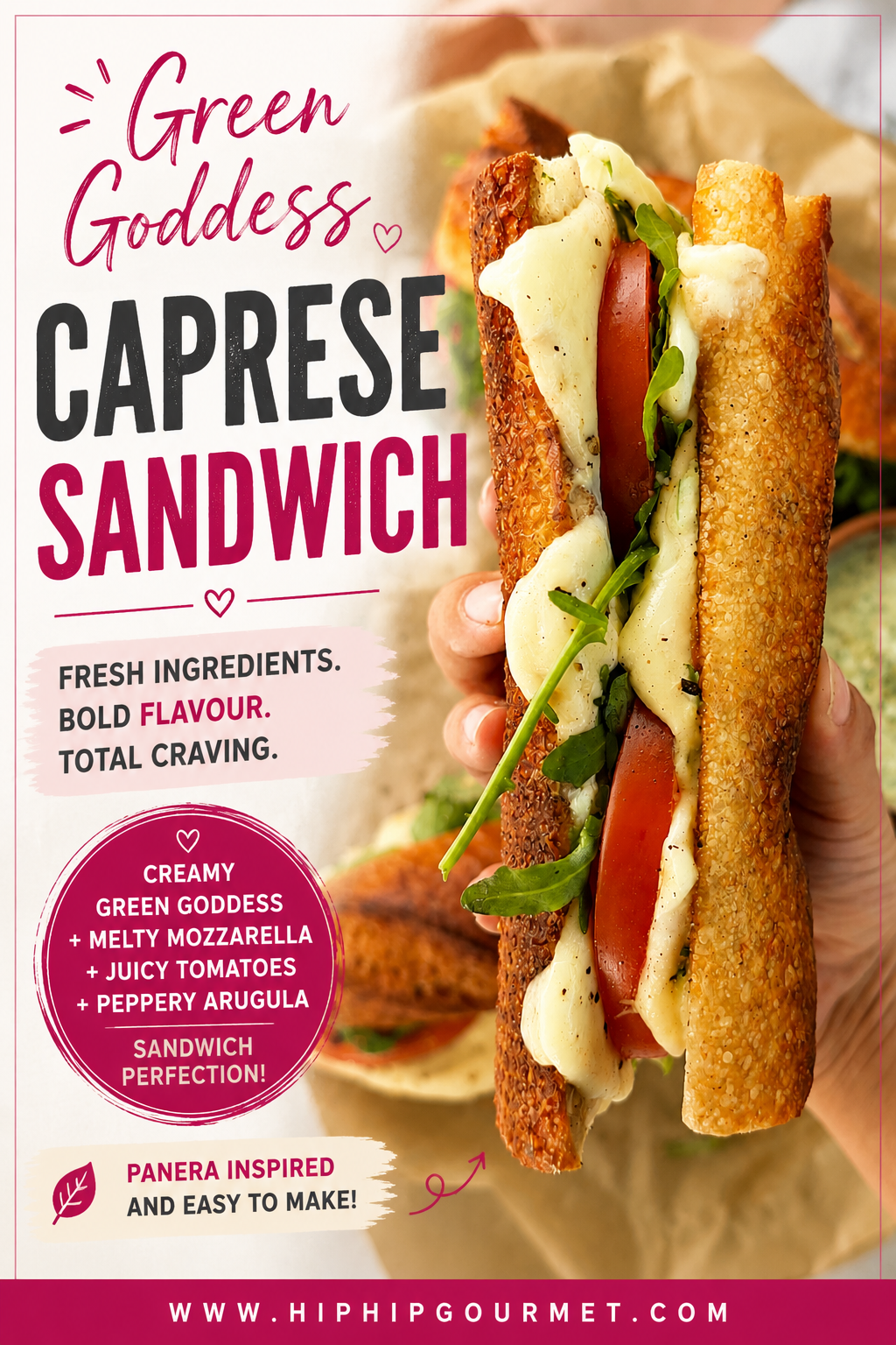 hand holding a caprese melt sandwich on a toasted baguette with sliced tomatoes, melty cheese, and arugula.