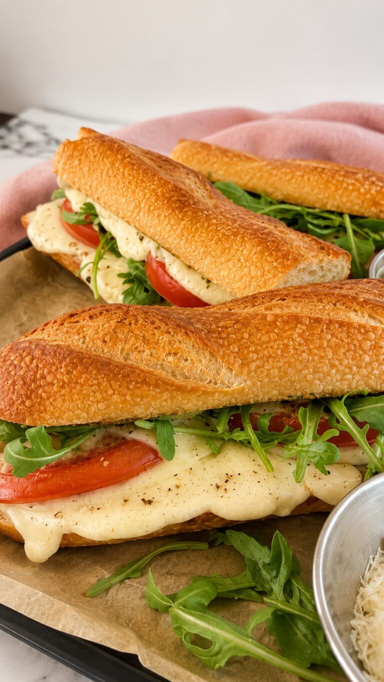 3 baguettes with arugula, tomatoes, and melty mozzarella on a parchment lined tray.