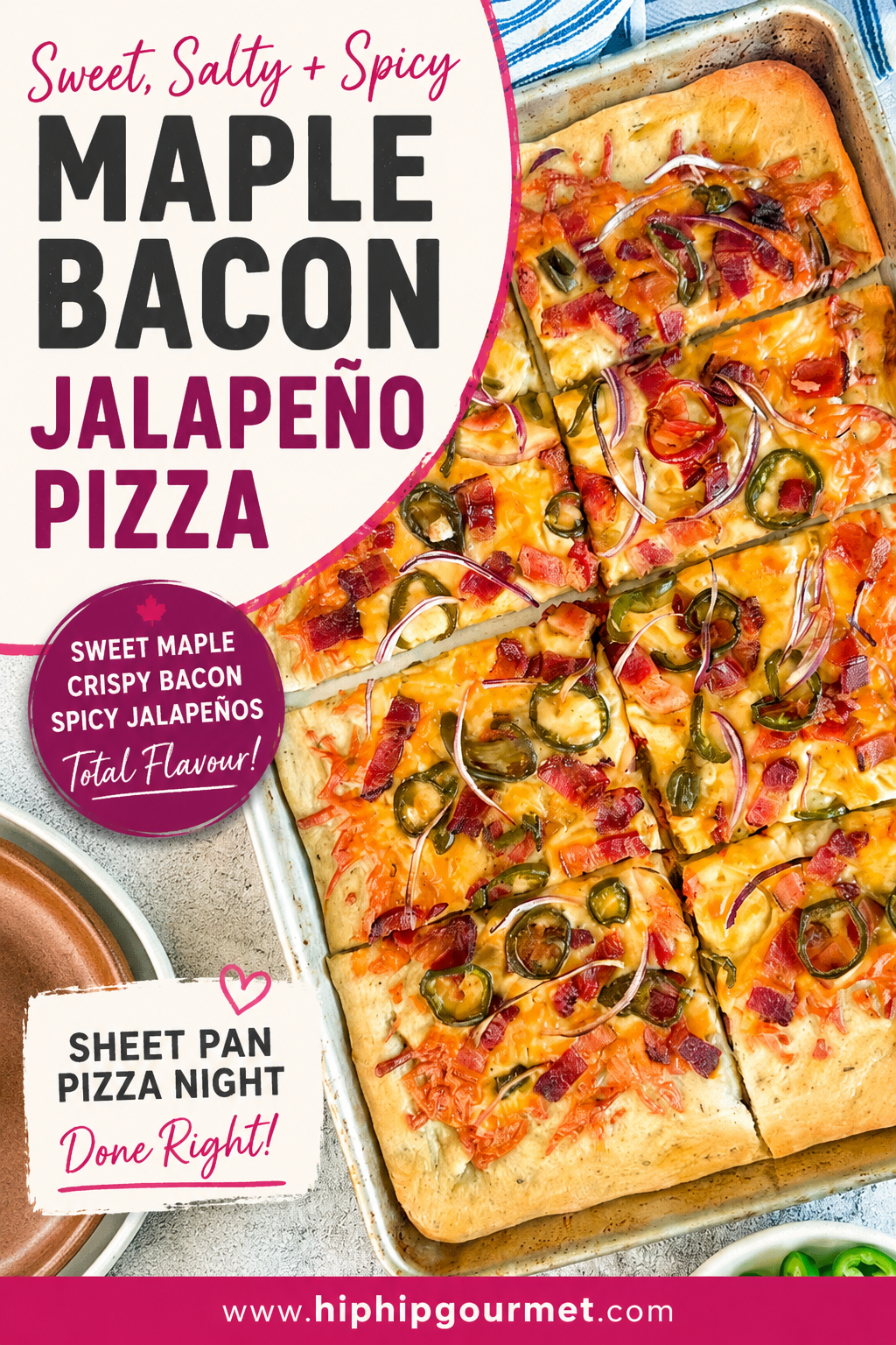 sliced maple bacon jalapeno sheet pan pizza with red onions.