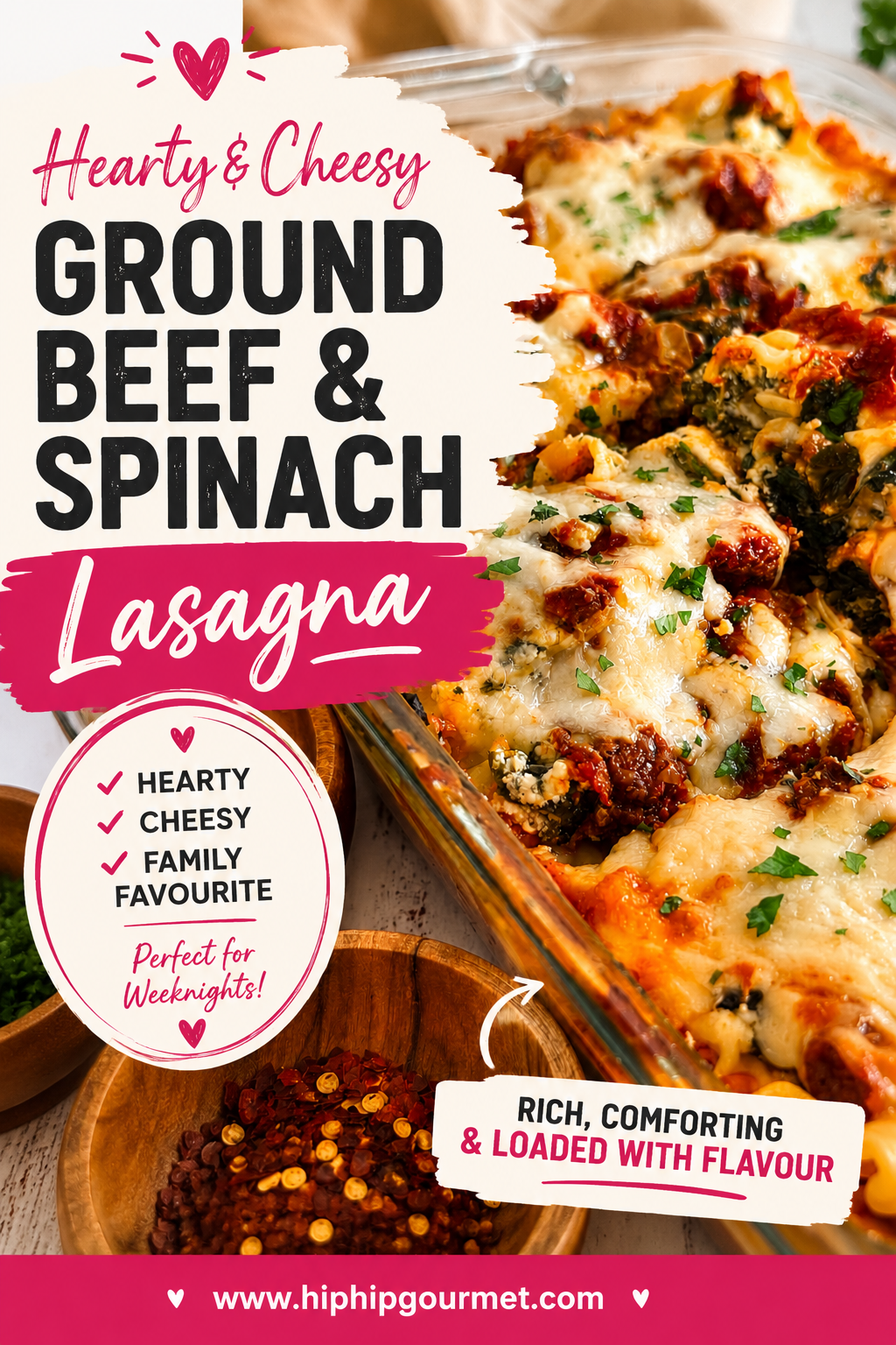 cheesy beef and spinach lasagna cut into pieces in a glass casserole dish. small bowl of chili flakes in the front.