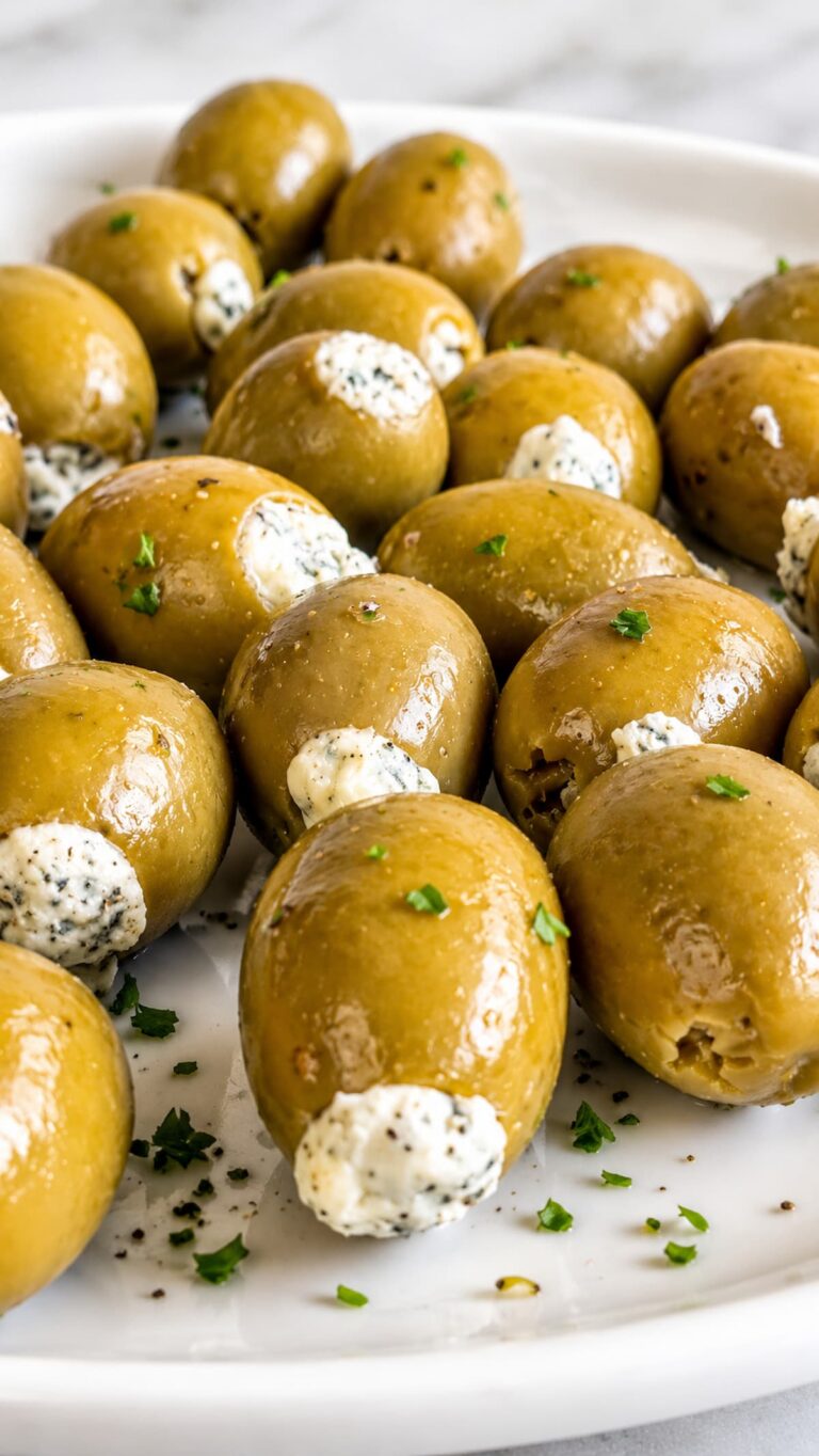 Close up of green olives stuffed with creamy blue cheese garnished with fresh chopped parsley arranged on a white plate.
