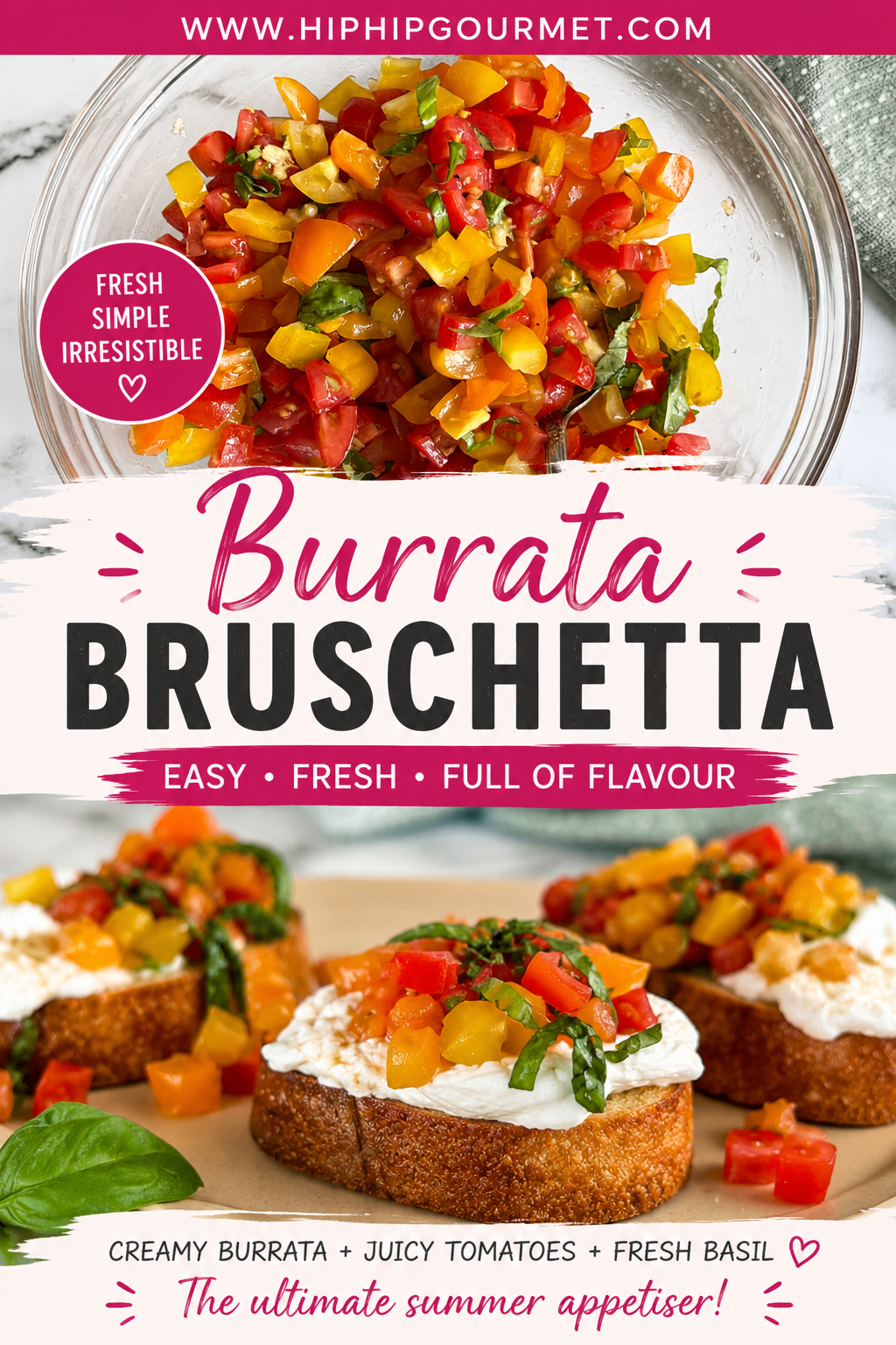 bowl of bruschetta tomatoes with fresh basil and garlic on the top, 3 pieces of burrata bruschetta on a plate on the bottom.