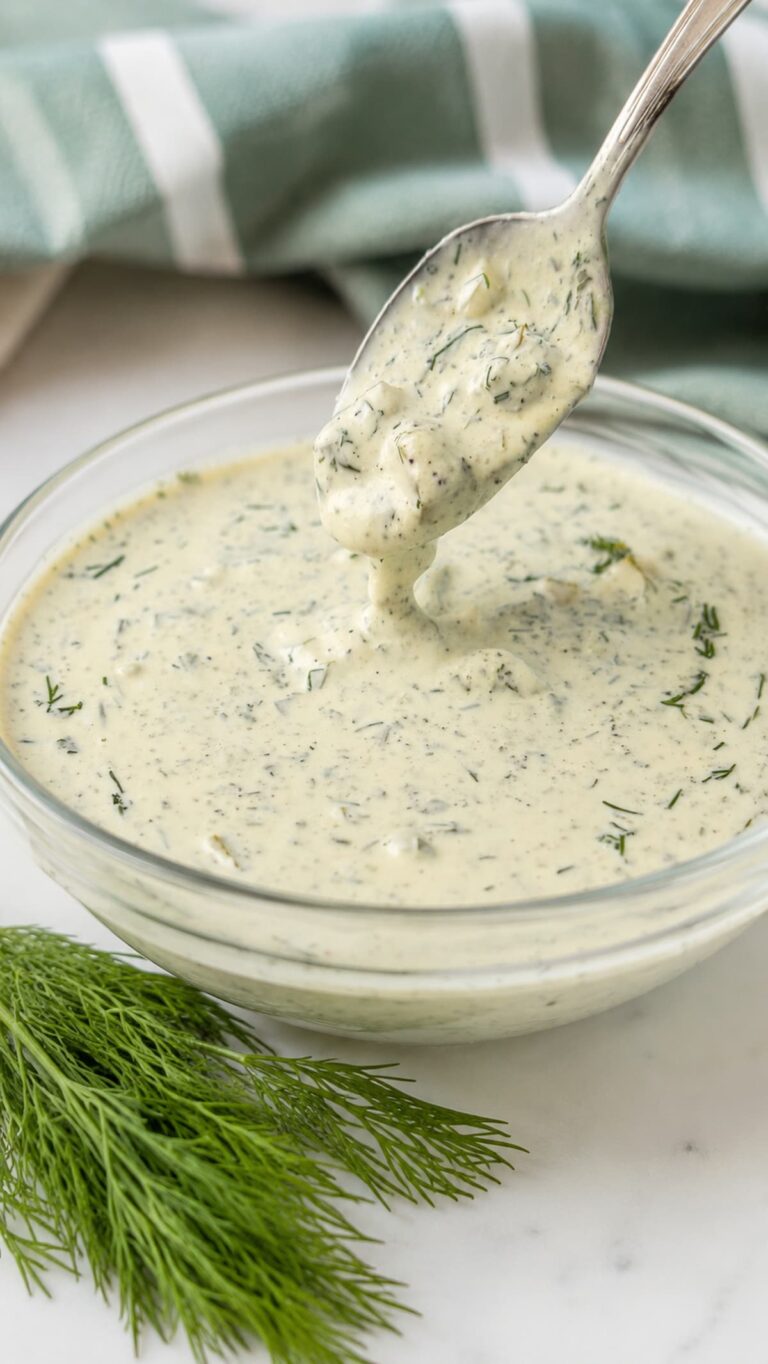 Creamy homemade dill pickle ranch dressing in a glass bowl with a spoonful lifted above, garnished with fresh dill on a marble countertop.