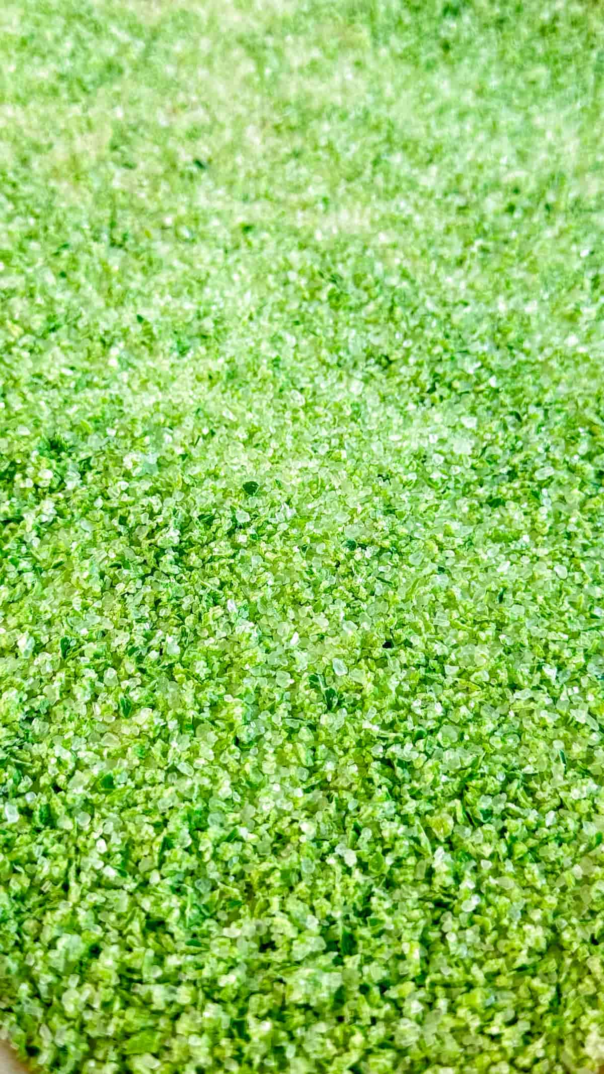 Close up of homemade garlic scape salt with vibrant green garlic and coarse sea salt crystals.