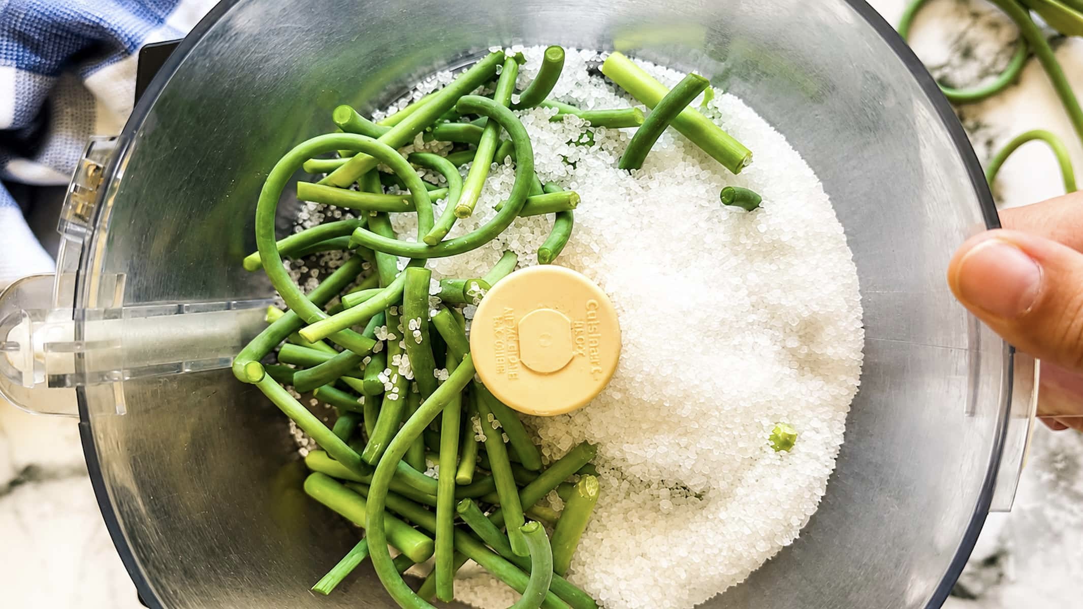 Garlic scapes and coarse salt in a food processor before blending for homemade garlic scape salt.