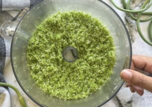 pulsed garlic scapes and coarse salt in the base of a food processor that a hand is holding, surrounded by fresh garlic scapes.