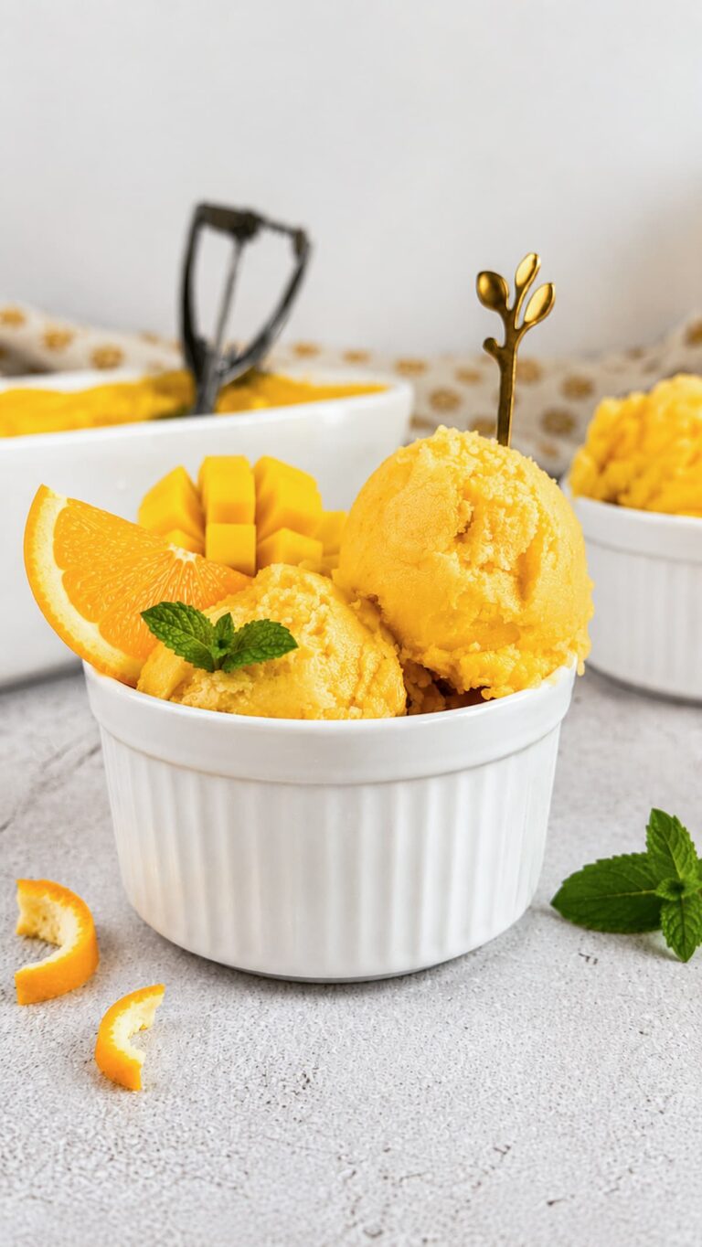 Mango orange sorbet scoops in a white ramekin with a fresh orange slice, diced mango, and mint garnish.