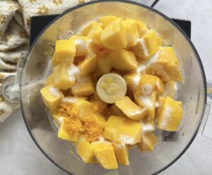 frozen mango chunks, orange zest, sugar, and salt unblended in the base of a food processor.