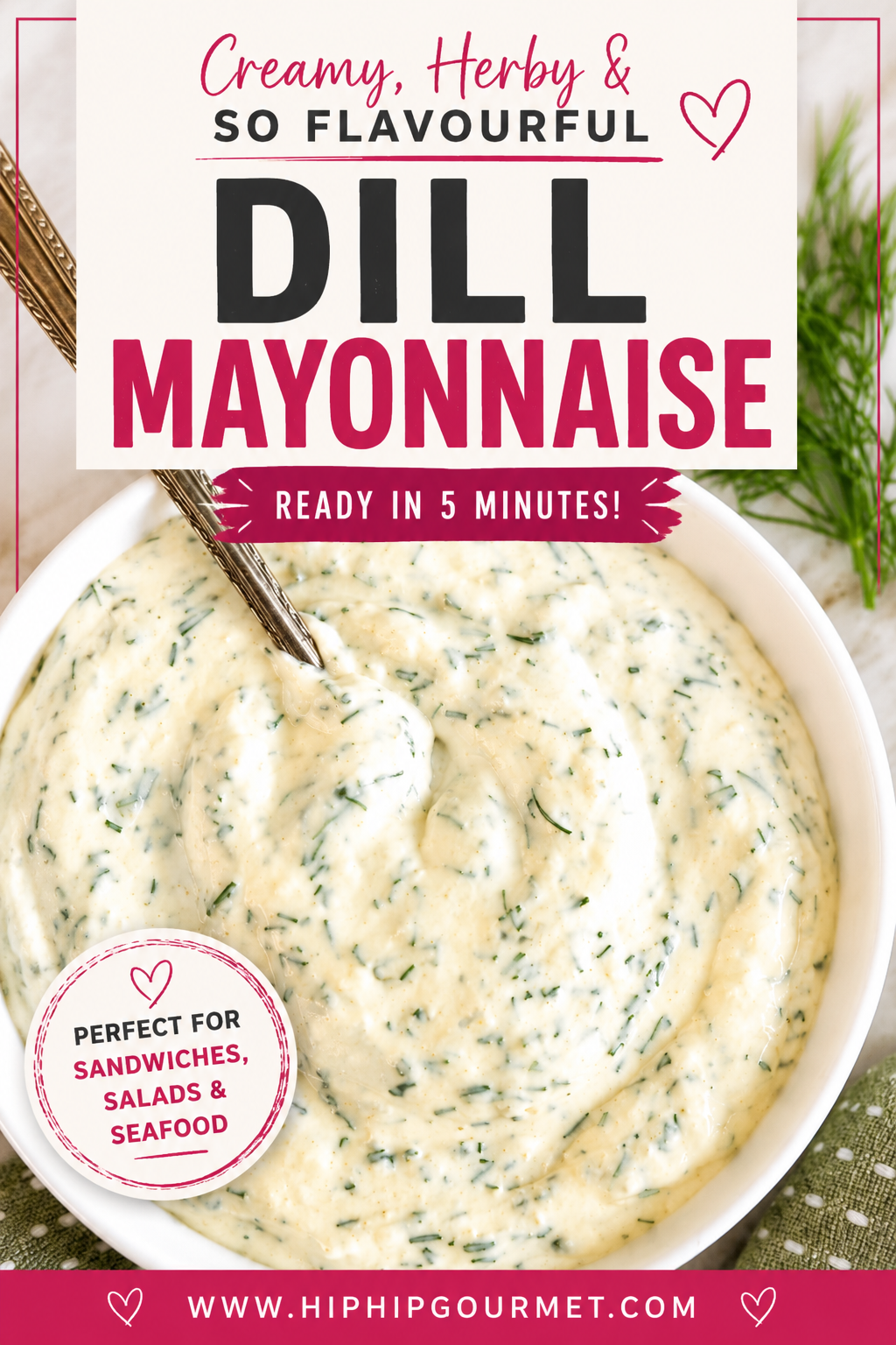 Creamy homemade dill mayonnaise in a white bowl with a spoon, garnished with fresh dill.