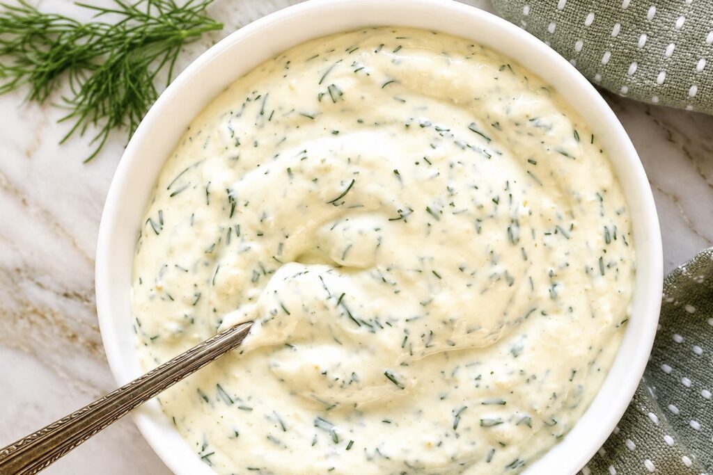 Creamy dill mayonnaise in a white bowl with fresh dill and a spoon.