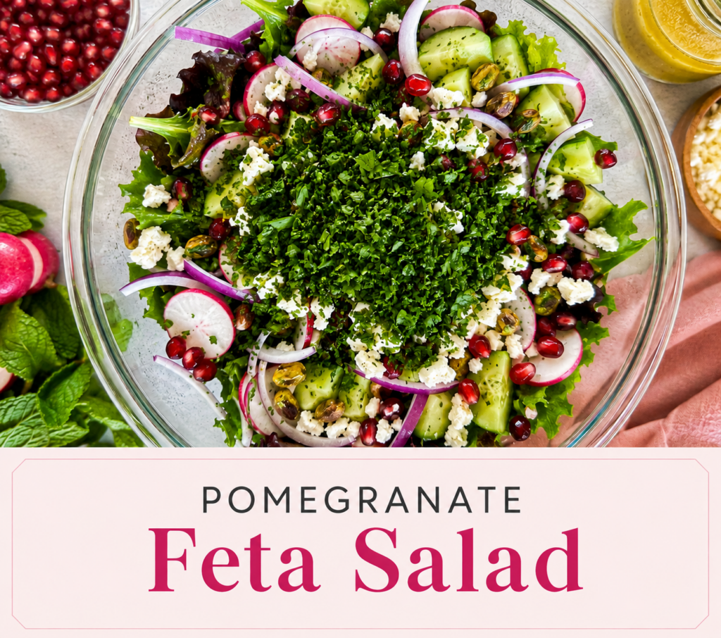 Fresh pomegranate feta salad with mixed greens, cucumber, radishes, red onion, pistachios, fresh herbs, and a lemon vinaigrette in a large glass serving bowl.