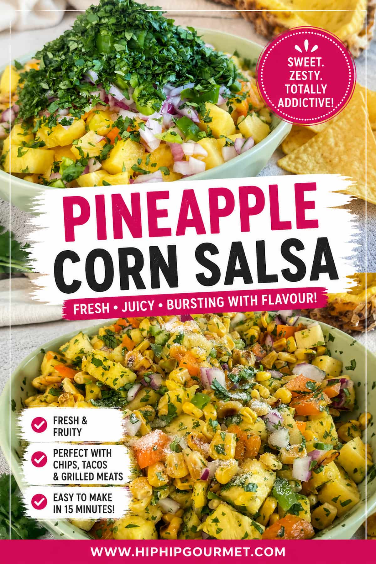 Pineapple corn salsa with fresh pineapple, charred corn, red onion, peppers and cilantro, shown before mixing and finished in serving bowls with tortilla chips.