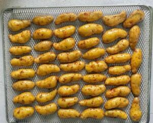 halved seasoned air fryer fingerling potatoes cut side down on an air fryer tray.