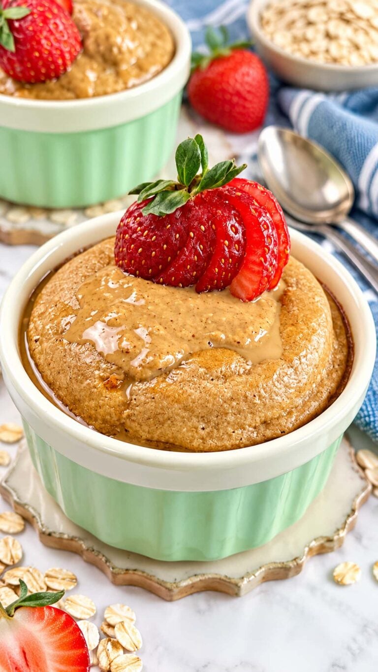 Baked oats without banana topped with creamy peanut butter and fresh strawberries.