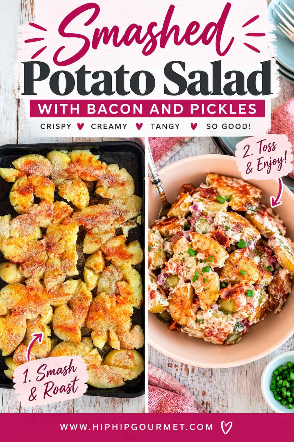 Smashed potato salad with bacon and pickles, featuring seasoned smashed potatoes before roasting alongside the finished creamy, crispy potato salad.