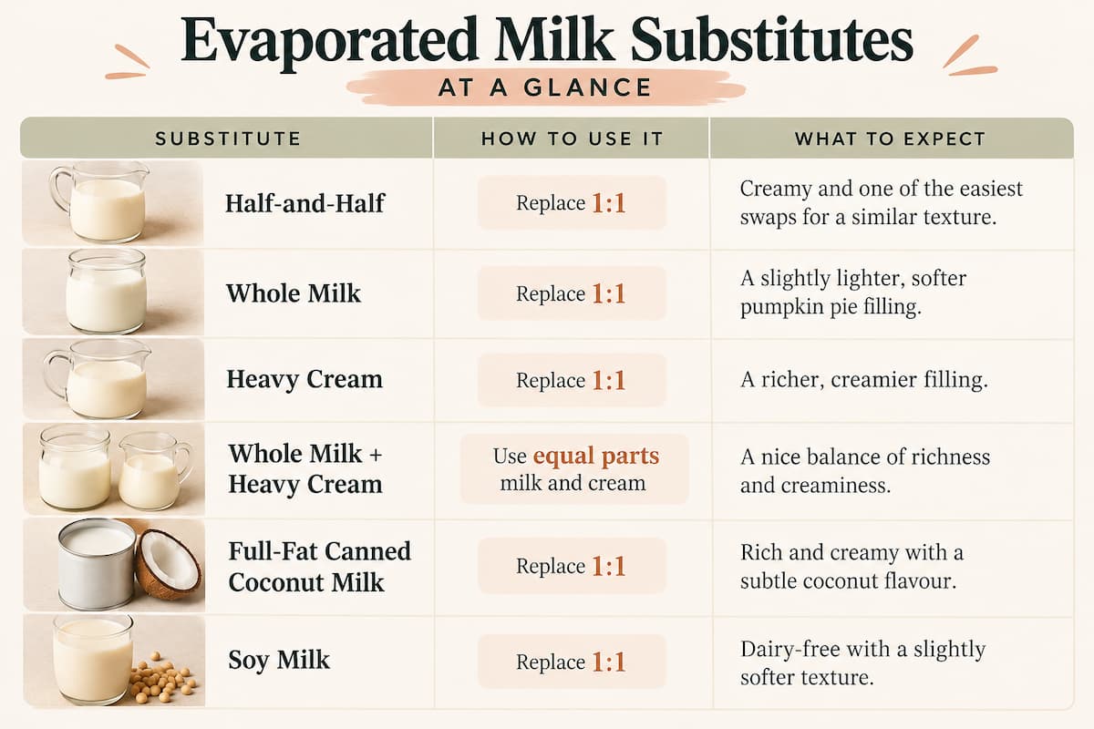 Chart for evaporated milk substitutes for pumpkin pie, including half-and-half, whole milk, heavy cream, coconut milk, and soy milk with substitution ratios.