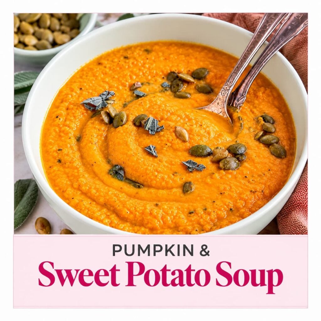 Creamy sweet potato pumpkin soup topped with pumpkin seeds and fresh sage.