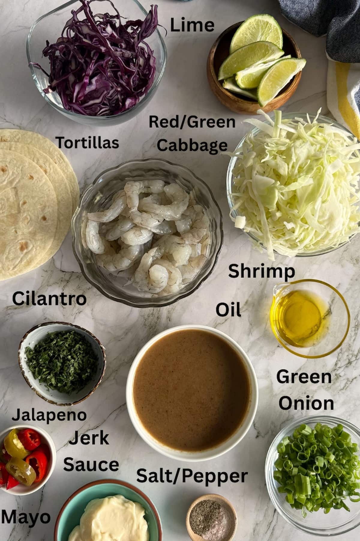 ingredients for jerk shrimp tacos laid out in separate bowls - red and green cabbage, lime, tortillas, shrimp, oil, jerk sauce, cilantro, jalapenos, green onions, salt/pepper, and mayo.