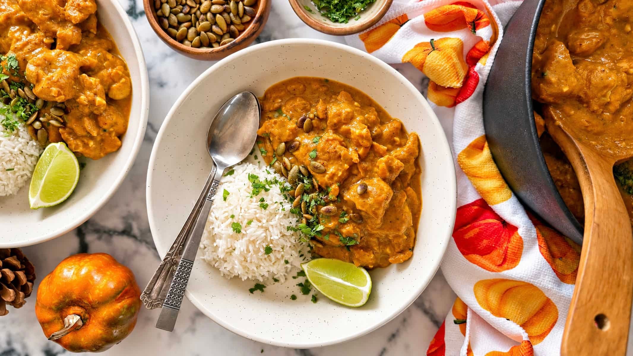 Pumpkin chicken curry with fluffy white rice, fresh cilantro, pumpkin seeds, and a lime wedge.