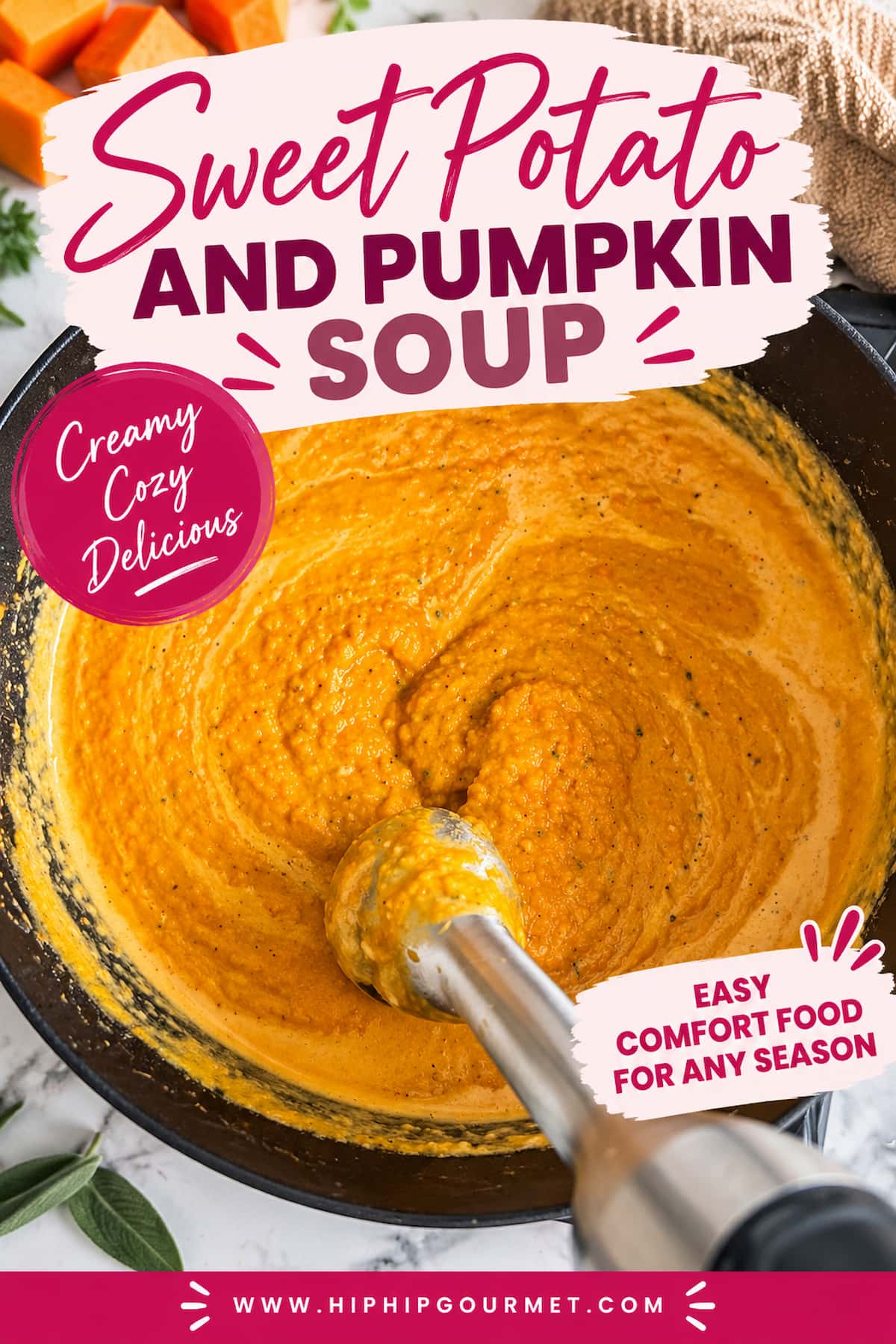 Close-up of creamy sweet potato and pumpkin soup topped with pumpkin seeds and fresh sage