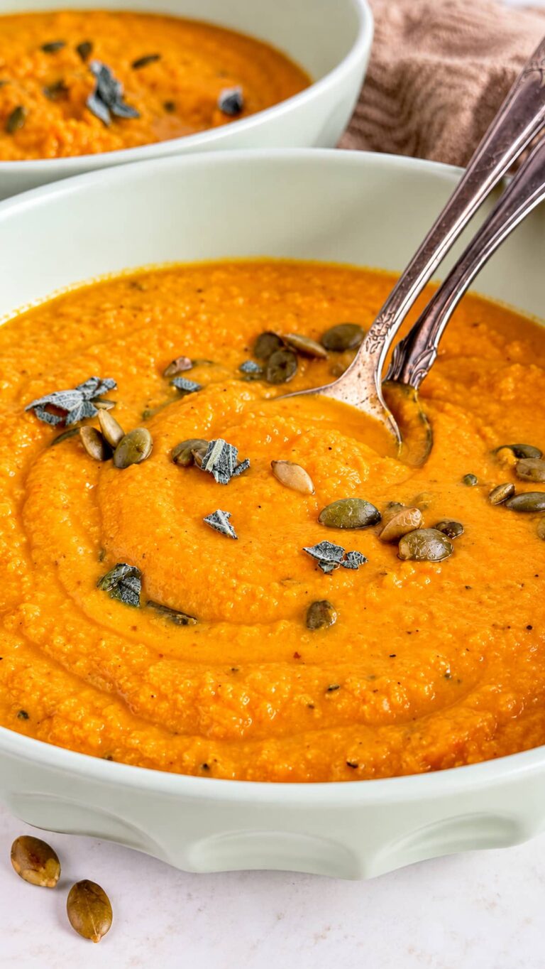 Creamy sweet potato pumpkin soup topped with pumpkin seeds and fresh sage.