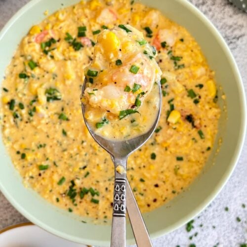 Creamy shrimp and corn chowder with tender shrimp, sweet corn, and fresh herbs served by the spoonful.