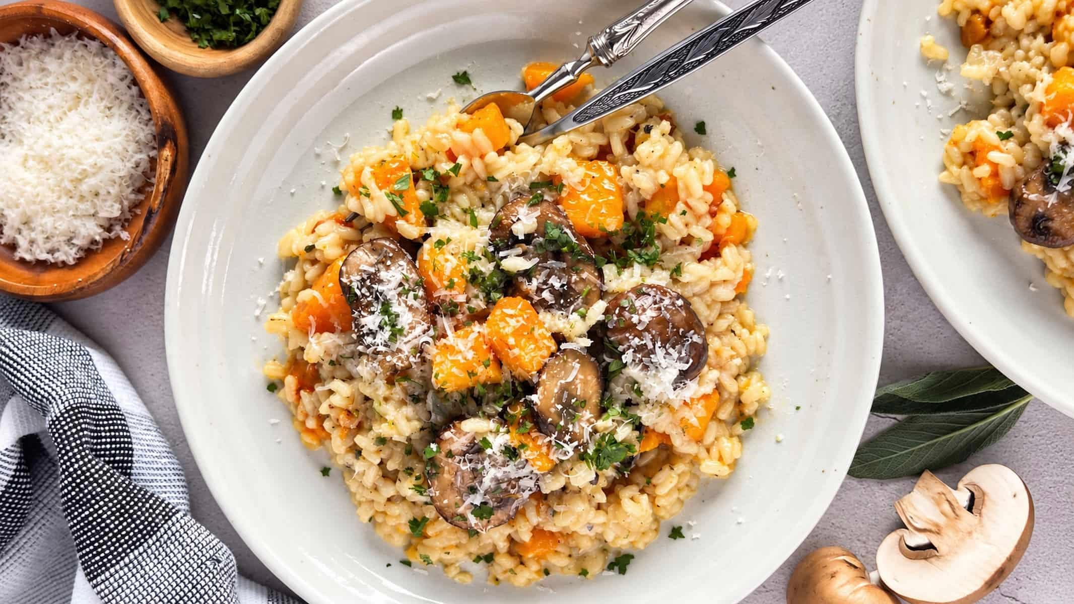 Butternut squash and mushroom risotto with Parmesan and fresh herbs.