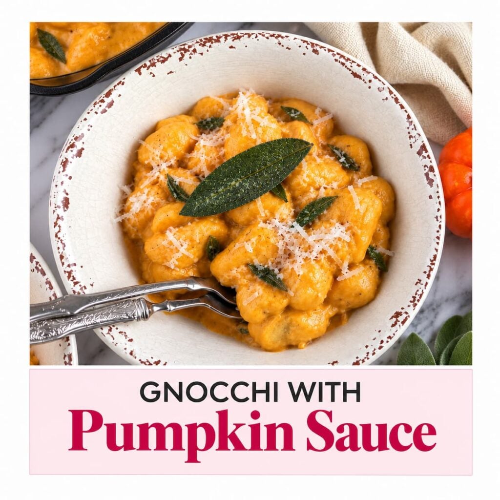 Creamy gnocchi with pumpkin sauce, Parmesan, and crispy sage in a rustic bowl, with a pink “Gnocchi with Pumpkin Sauce” title banner.