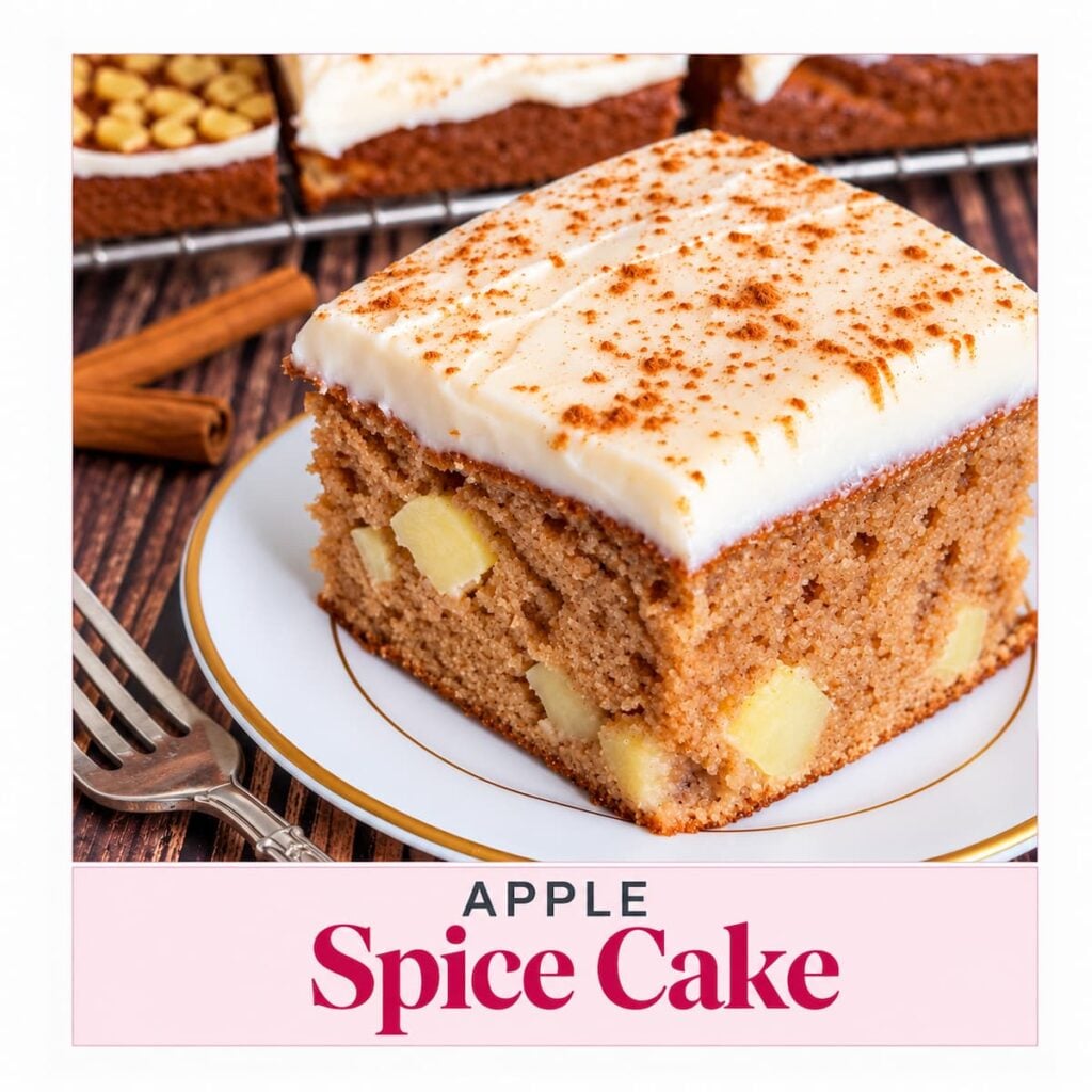 Apple spice cake with cream cheese frosting, cinnamon, and tender apple chunks.